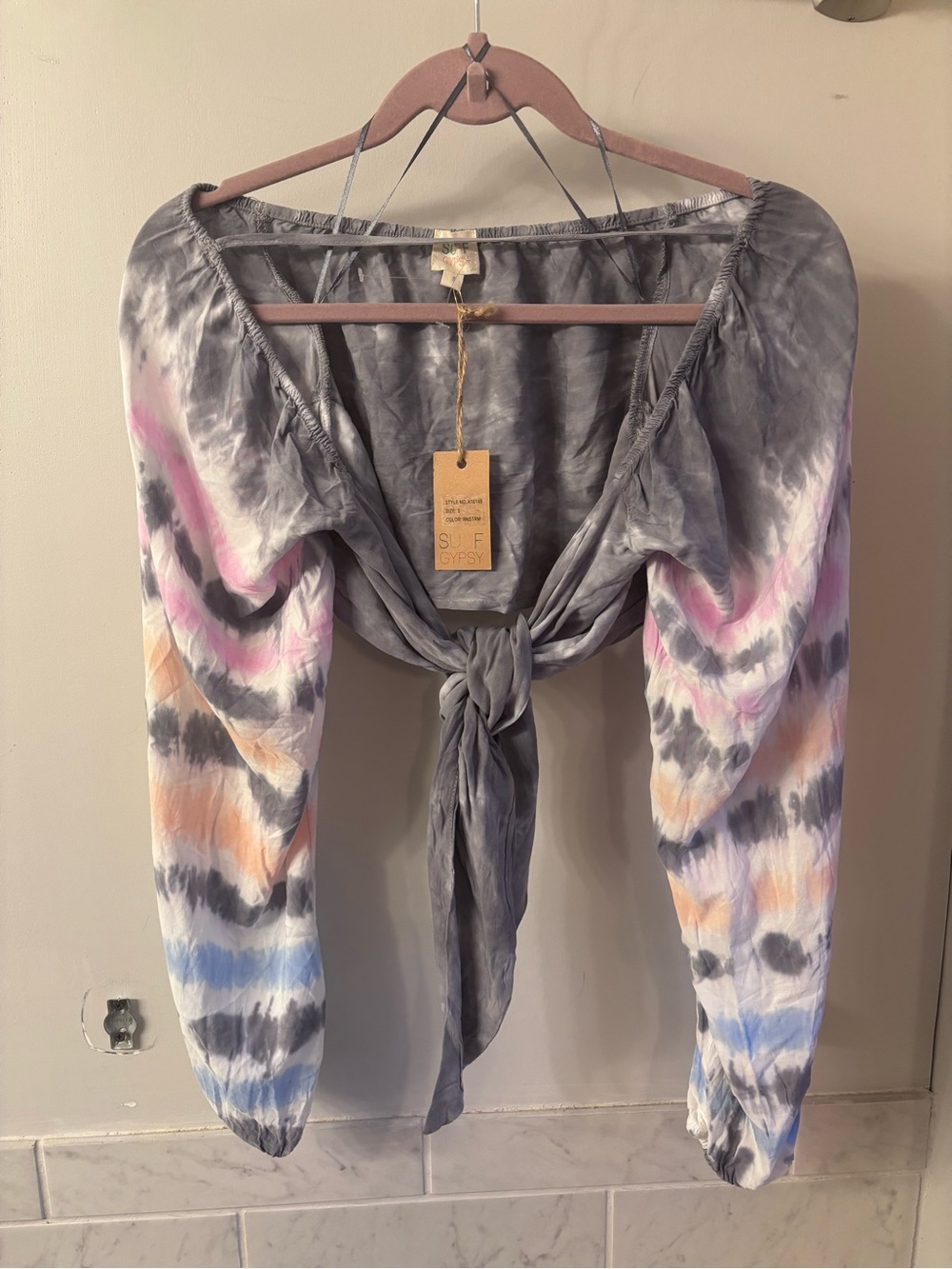 Surf Gypsy Gray Tie-Dye Front Tie Crop Blouse with Pastel Accents